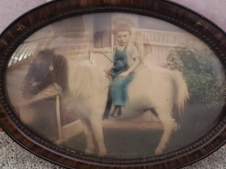 Antique Bubble Frame Picture Child On Pony