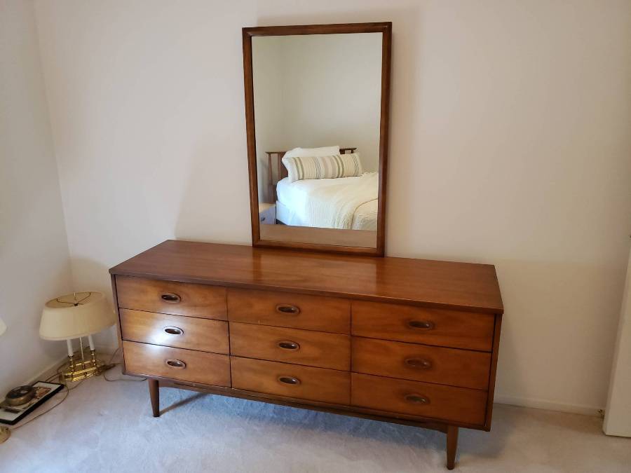 Mid Century Modern Dixe Walnut Chest Of Drawers With Mirror