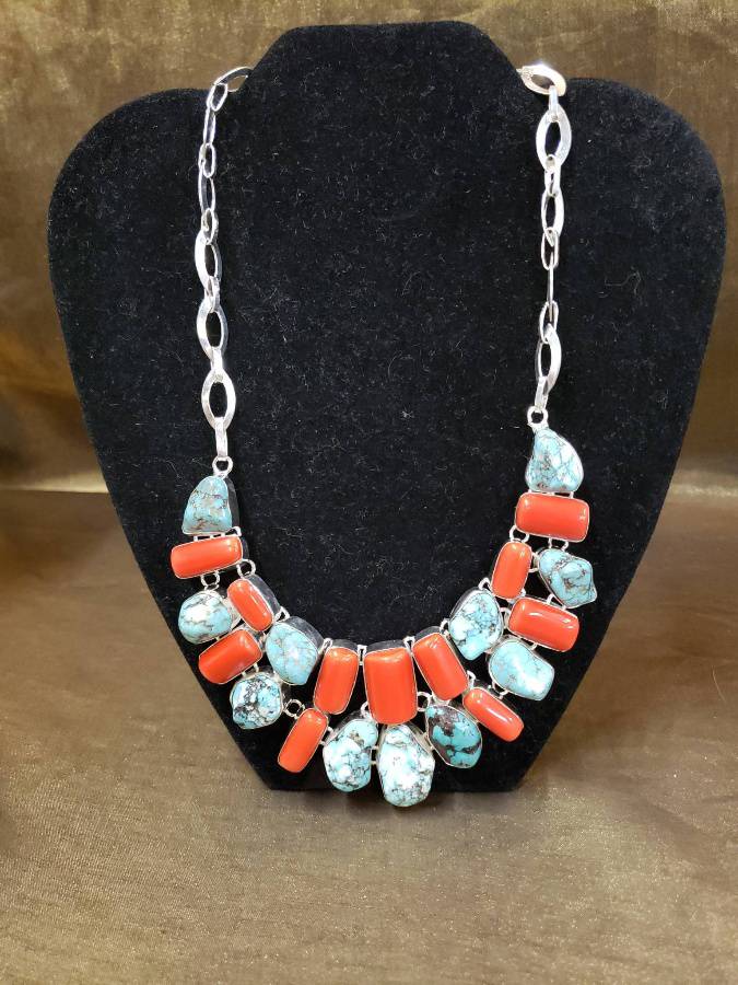 Lot 2002 Red Coral Turquoise Sterling Necklace